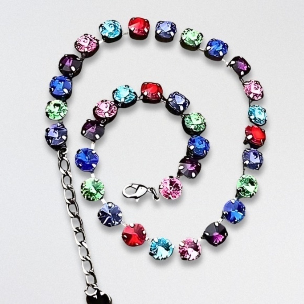 Handcrafted Swarovski Rivoli Crystal Necklace Cup Chain Gunmetal Multicolor NWT